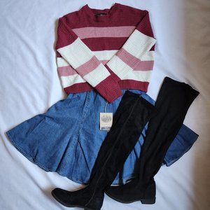 3 (Sweater /Denim Skirt/ Knee-high Boots) For 1 Price